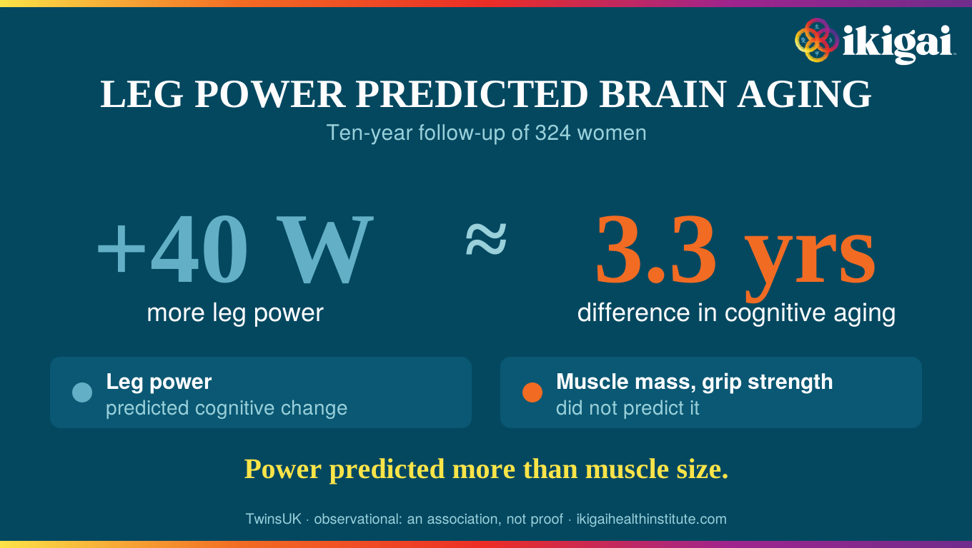 TwinsUK observational study of 324 women: 40 watts greater leg power was associated with a 3.3-year difference in cognitive aging; association does not prove causation.
