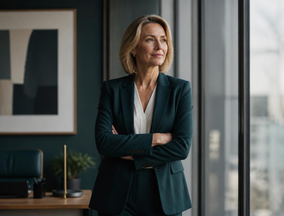 An executive in her early fifties standing by office windows in natural light
