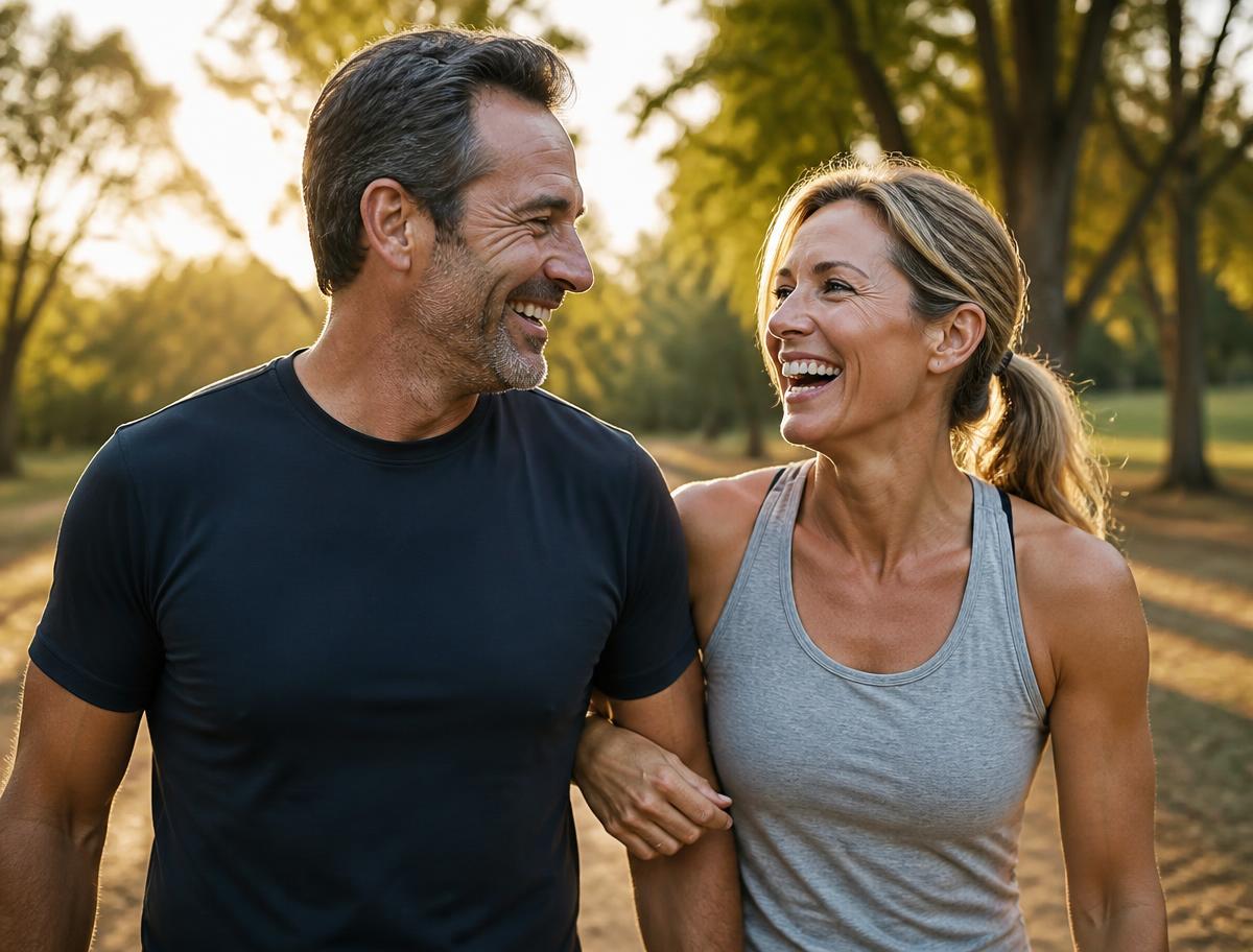 A couple in their late forties walking together outdoors at golden hour