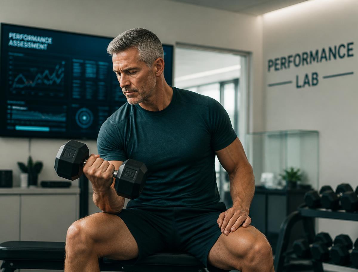 A man in his early fifties training with a dumbbell in a performance lab